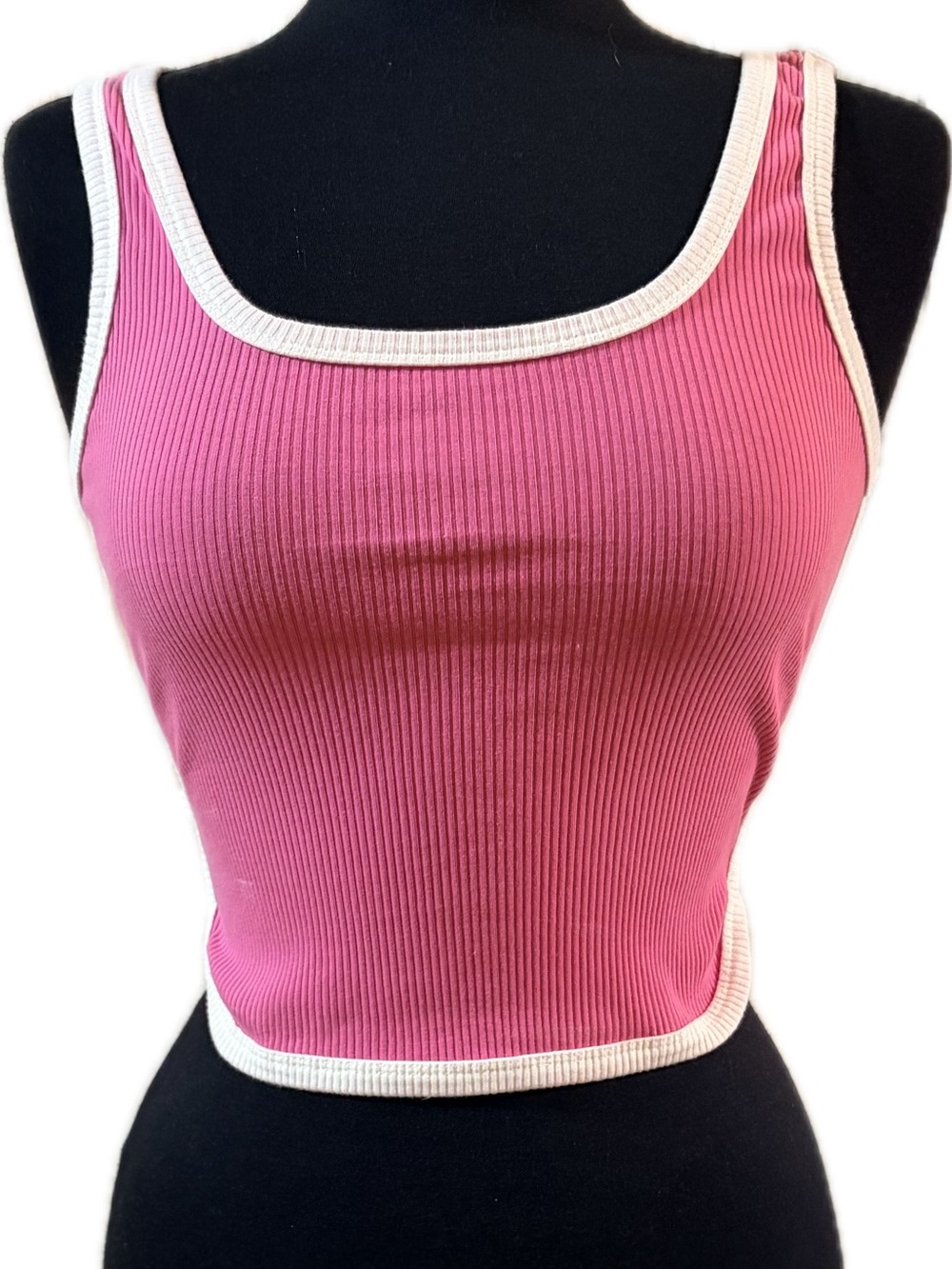 Heart Hips Pink Ribbed Tank with Cream Trim